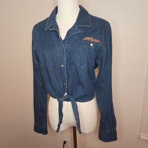 Harley Davidson Womens Denim Tie Front Cropped Shirt Orange Logo Medium